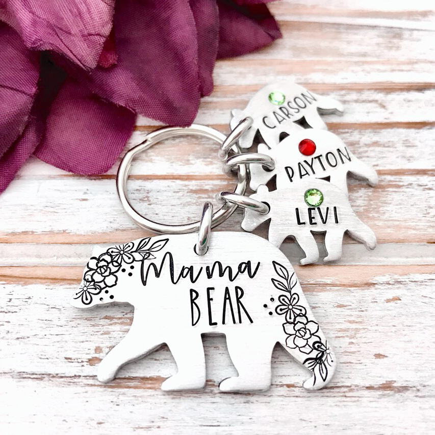 Mama Bear Keychain with 4 Cubs Custom Birthstones Mother’s Day Gift